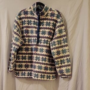 L.L. Bean Cream Fleece Pullover with Blue and Green Star Pattern